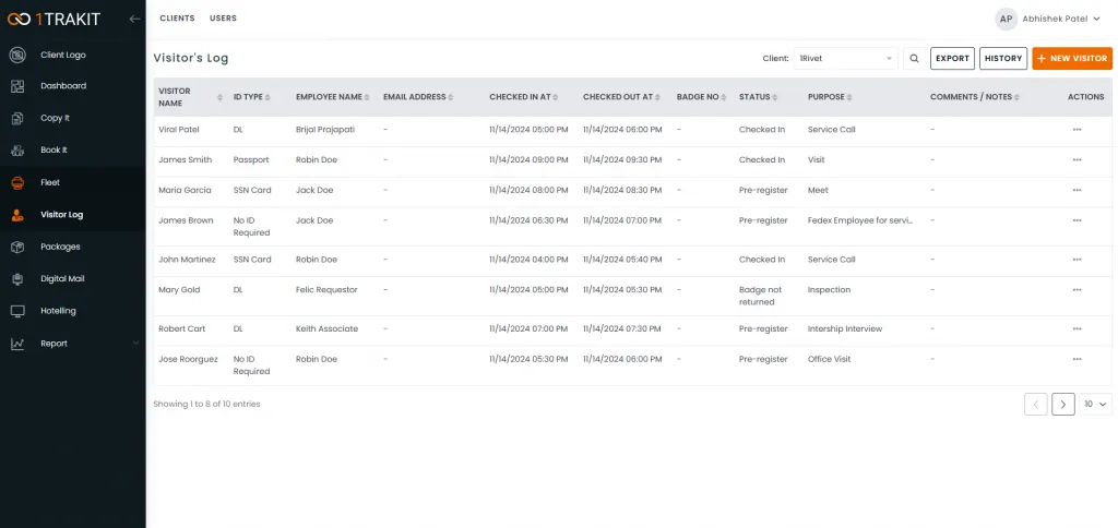 Visitor log table on 1TRAKIT dashboard listing names, ID types, employee names, check-in and check-out times, badge status, purposes, and comments.
