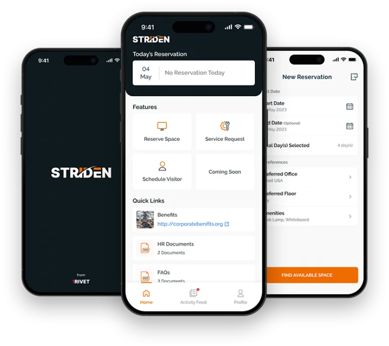 Mobile app screens showing STRIDEN reservation system with options to reserve space, request service, schedule visitor, and find available space.