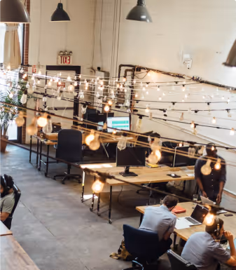 Modern open office with string lights hanging above desks where people work on laptops and computers.
