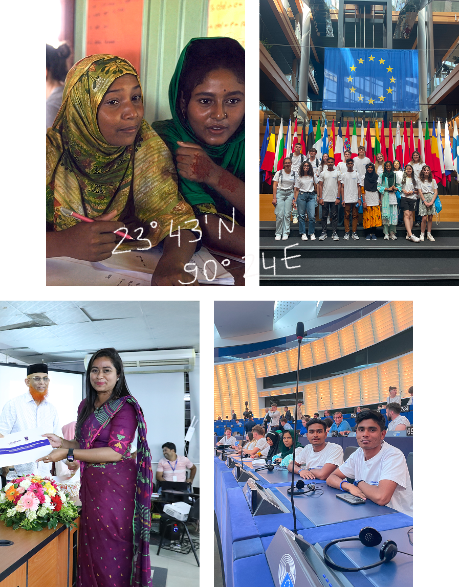 Collage of four images: Two South Asian women in traditional attire working on paperwork with coordinates 23°43'N 90°24'E; a diverse group of young people standing in front of European Union and multiple country flags; a South Asian woman receiving a certificate from a man with an orange beard; a group of students seated in a modern conference room with microphones and headsets.