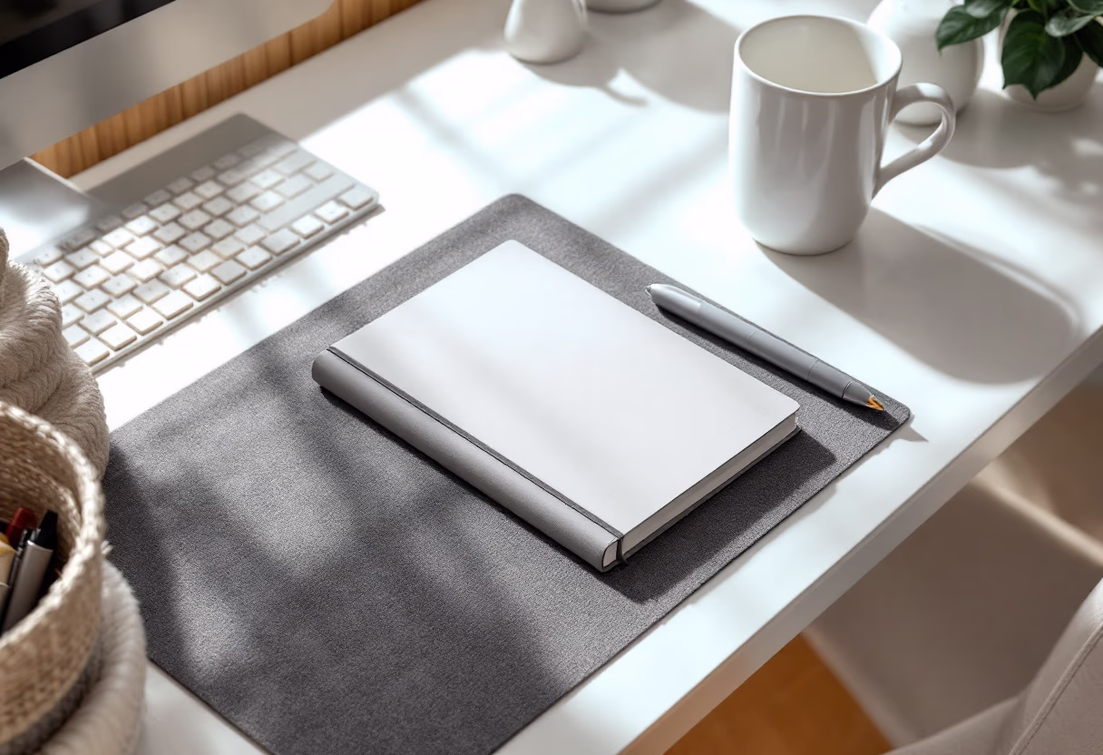 image of a notebook and a coffee cup on a desk