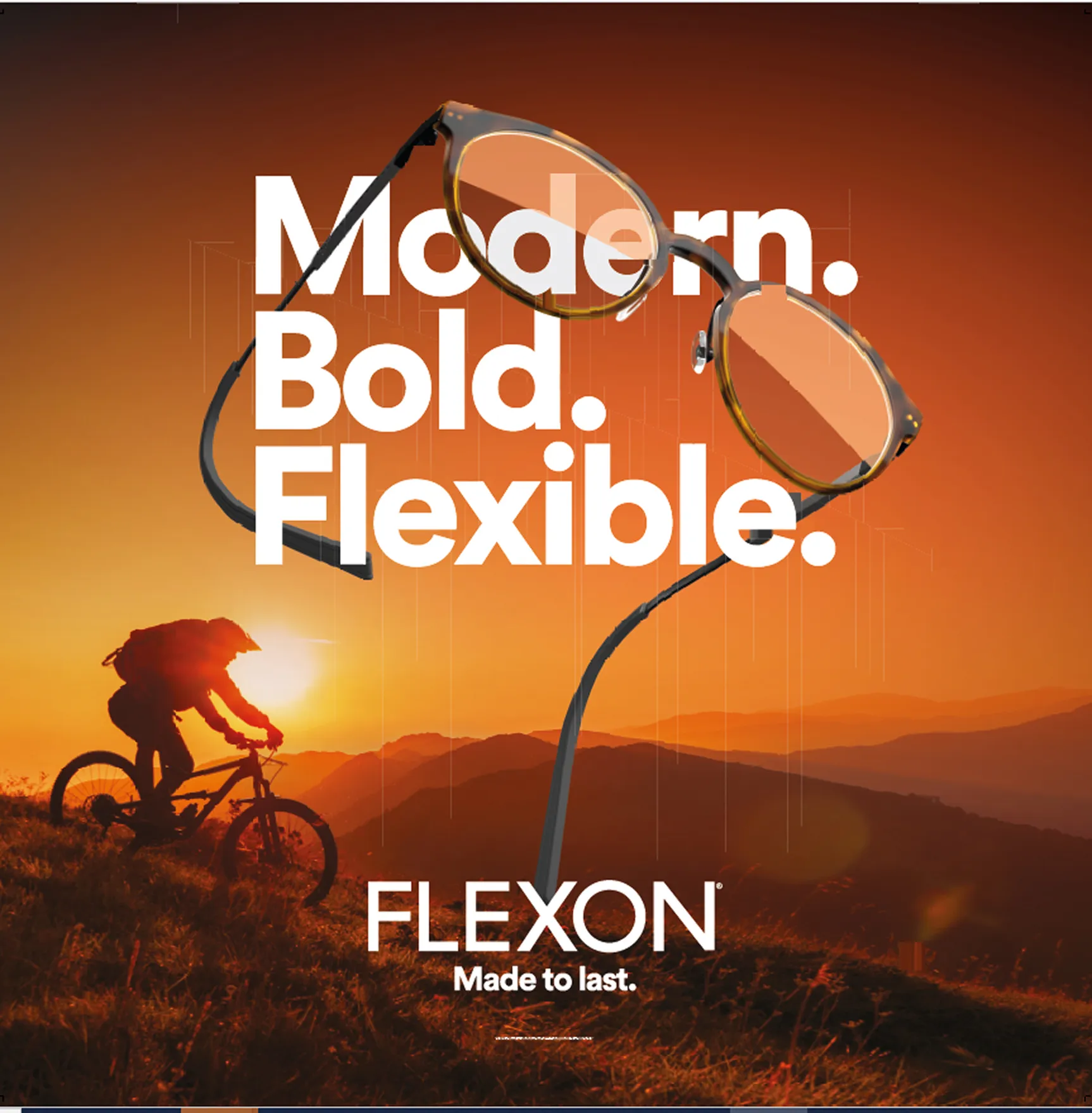 Mountain biker riding at sunset with overlay of modern, bold, flexible eyeglasses and the text 'FLEXON Made to last.'