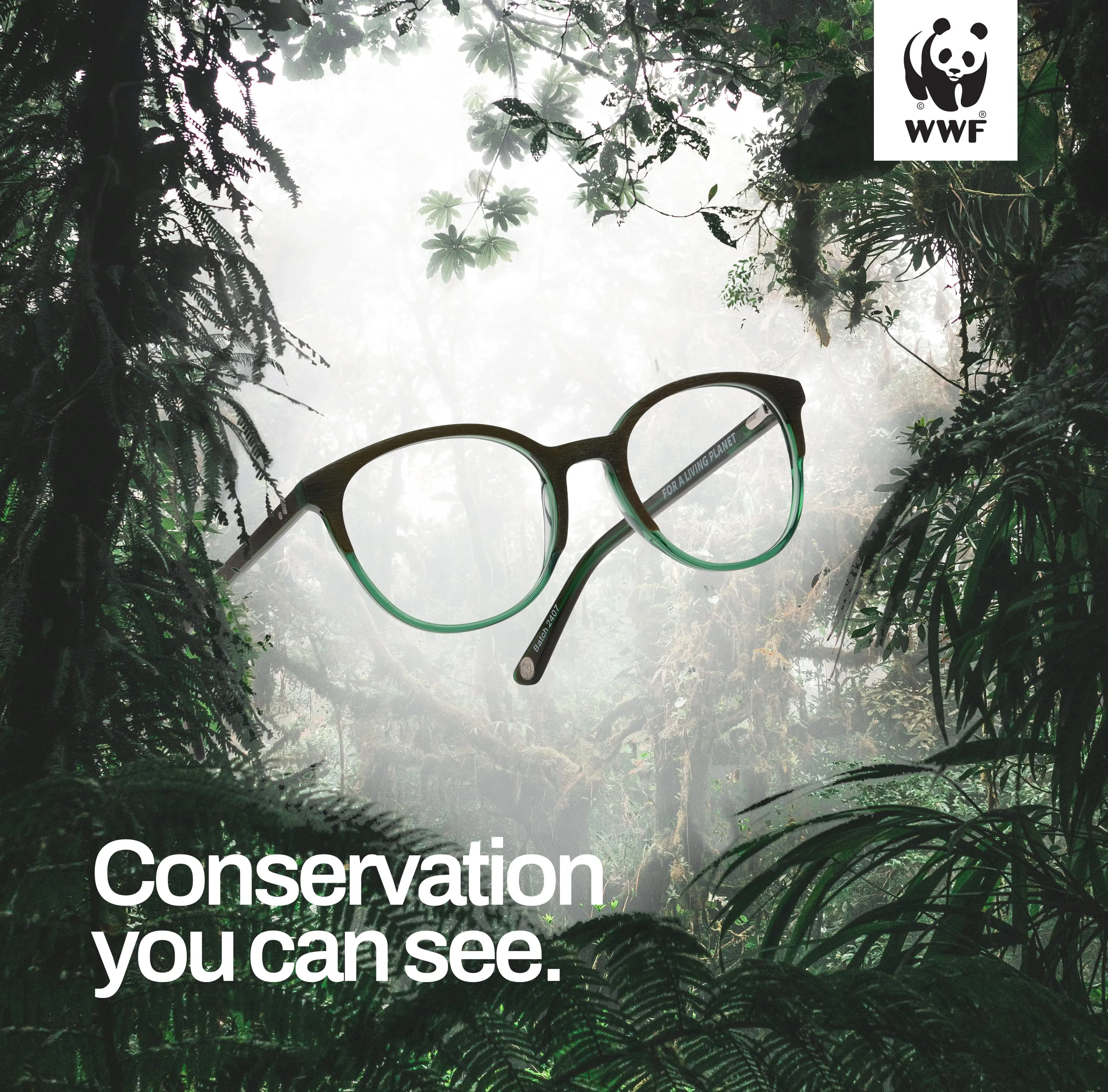 Eyeglasses floating in a lush green forest with the text 'Conservation you can see' and WWF panda logo in the top right corner.