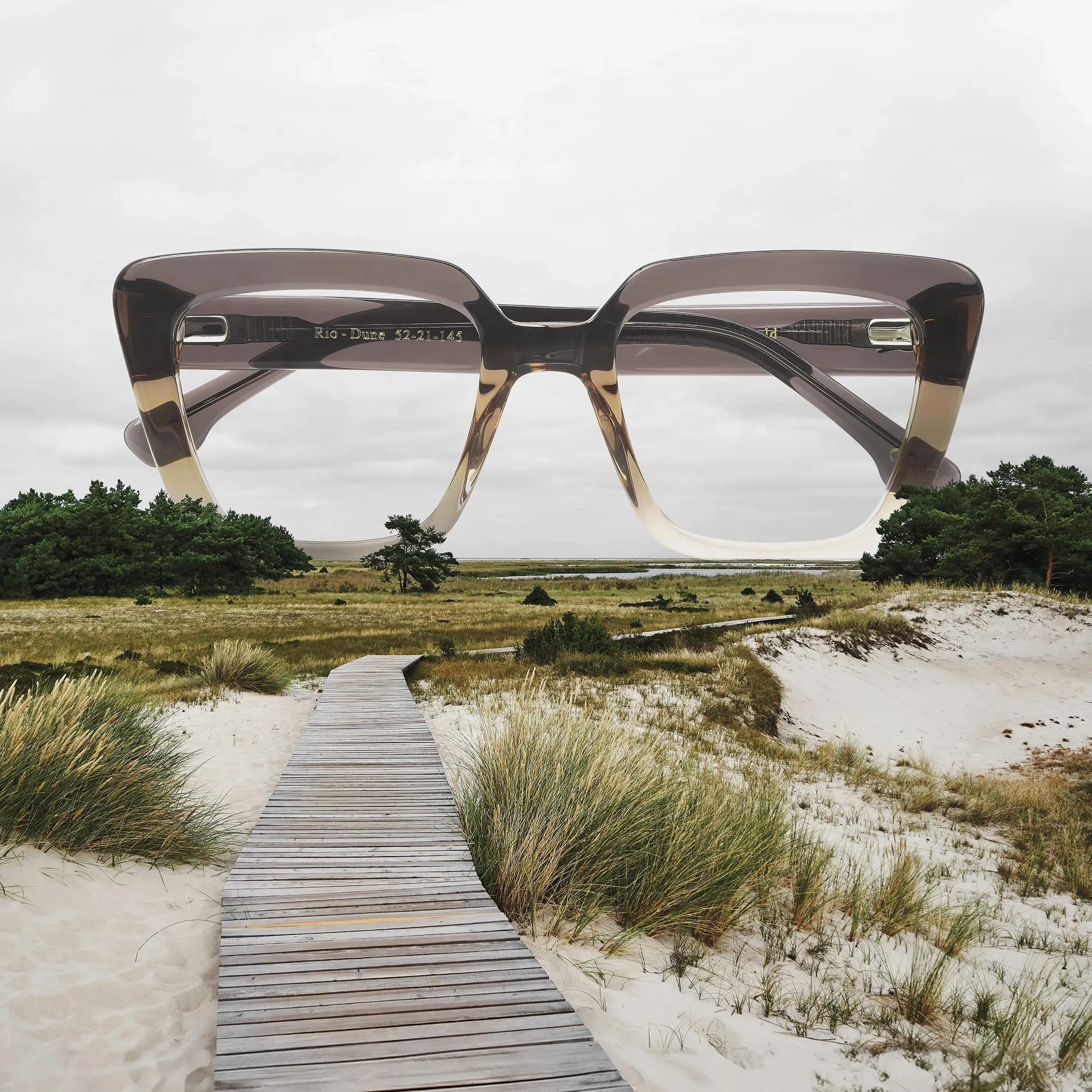 Wooden boardwalk leading through sand dunes and grass with oversized transparent brown eyeglasses floating above.