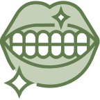 Stylized green lips smiling with visible teeth and sparkle effects.