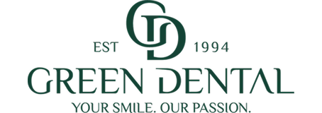 Logo for Green Dental with entwined letters G and D above the text, including EST 1994 and the tagline 'Your Smile, Our Passion.'