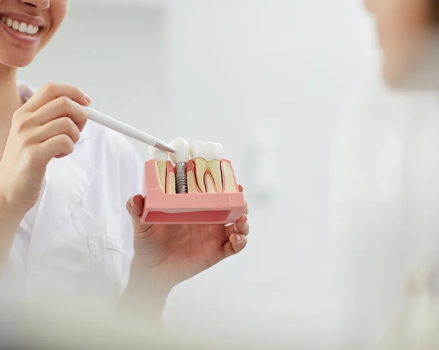 Dentist holding a dental implant model and pointing to the implant crown with a dental tool.
