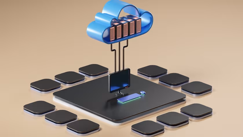 3D illustration of a computer monitor and devices connected to a cloud server, representing cloud computing.