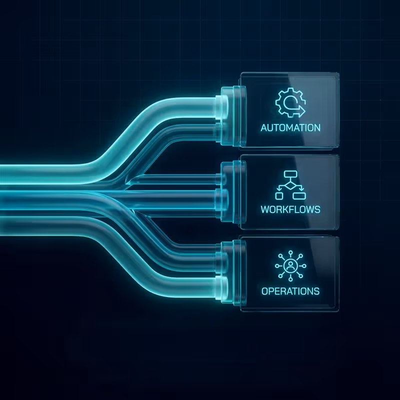 Illustration of a digital screen with a blue and yellow infinity loop symbol, surrounded by gears, a magnifying glass, a wrench, a folder, and a chart icon.