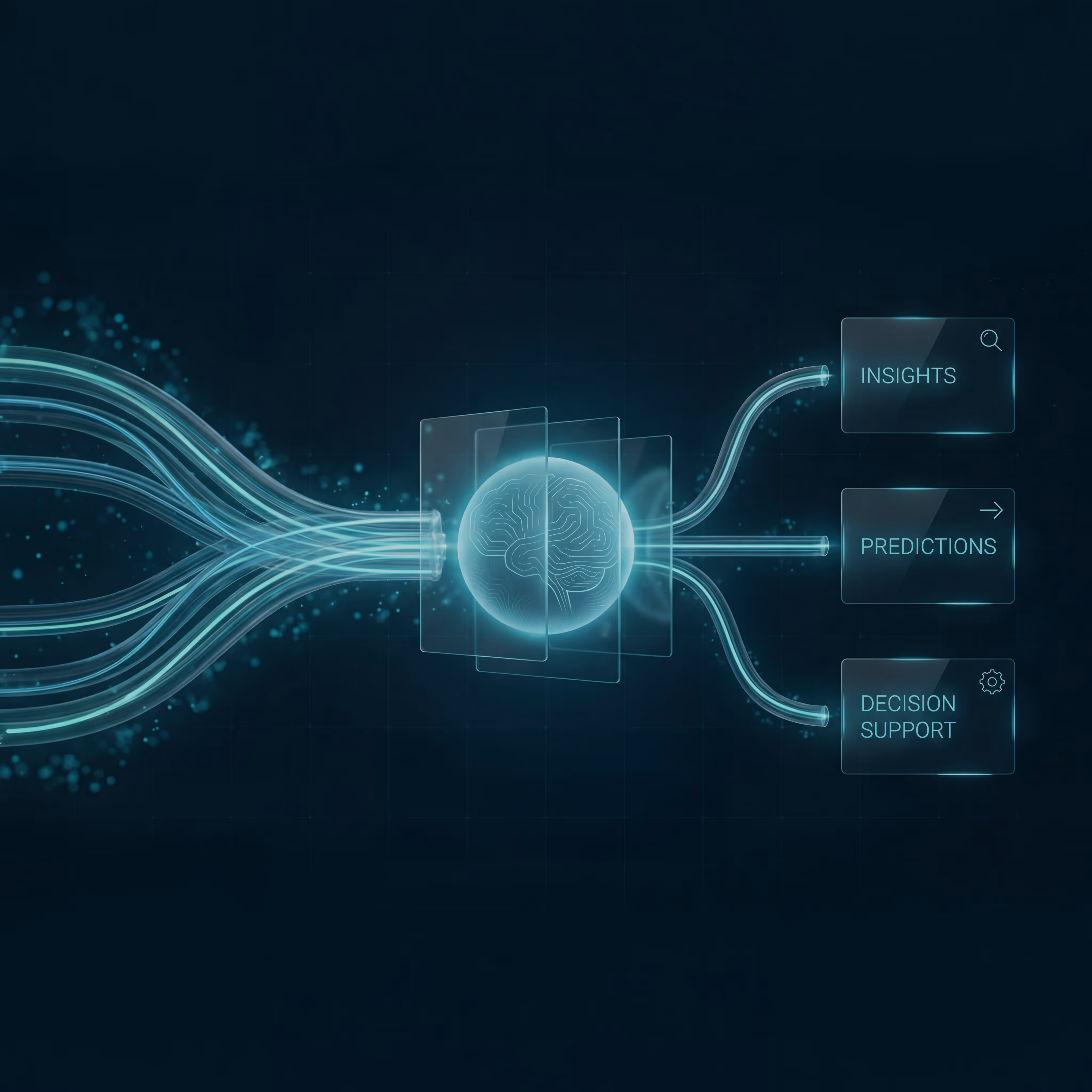 Glowing computer chip labeled AI with illuminated circuit lines on a dark motherboard.