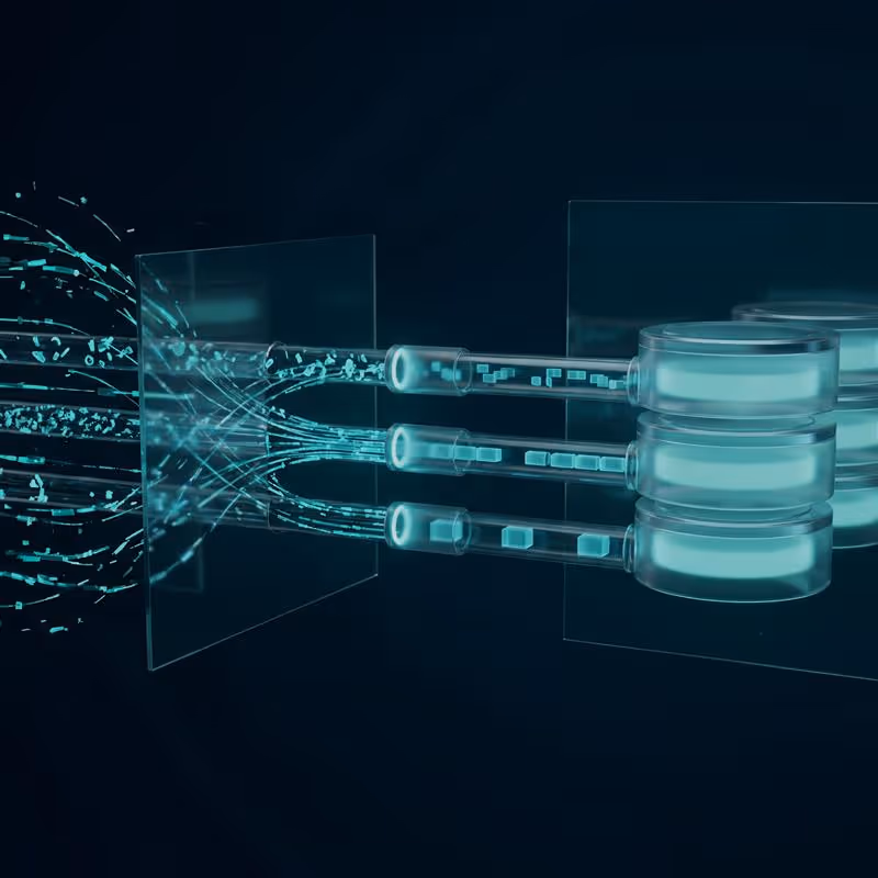 Digital illustration of glowing cylindrical data storage units connected by a network of bright lines and nodes.