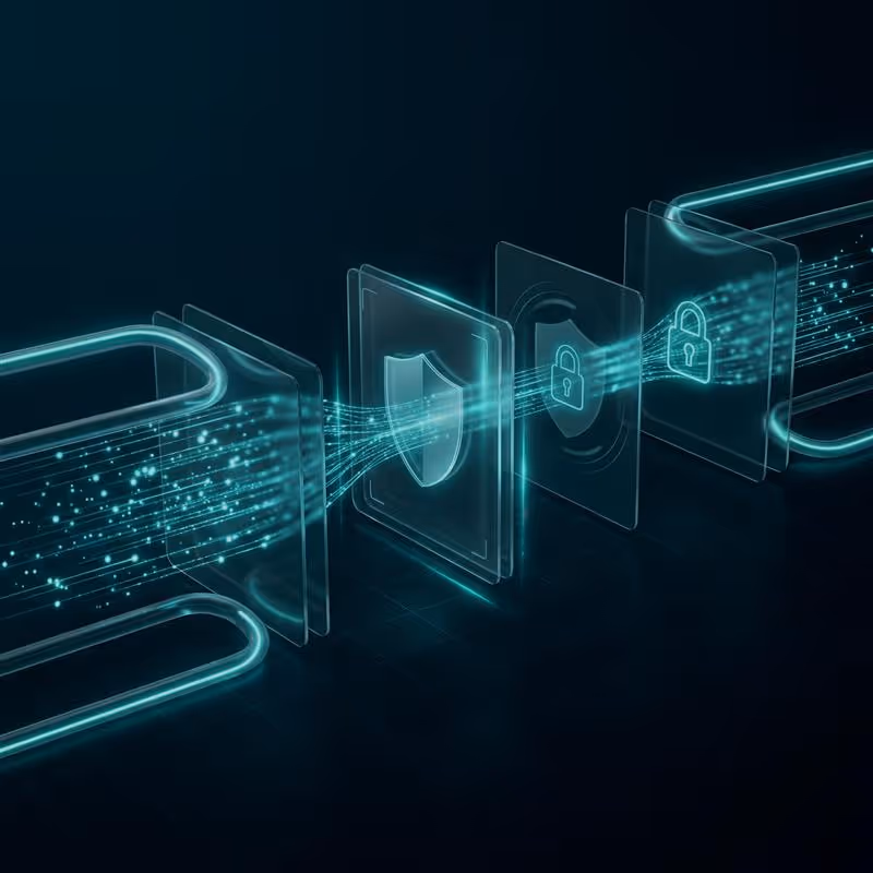Glowing blue digital shield with a padlock icon on a circuit board representing cybersecurity.