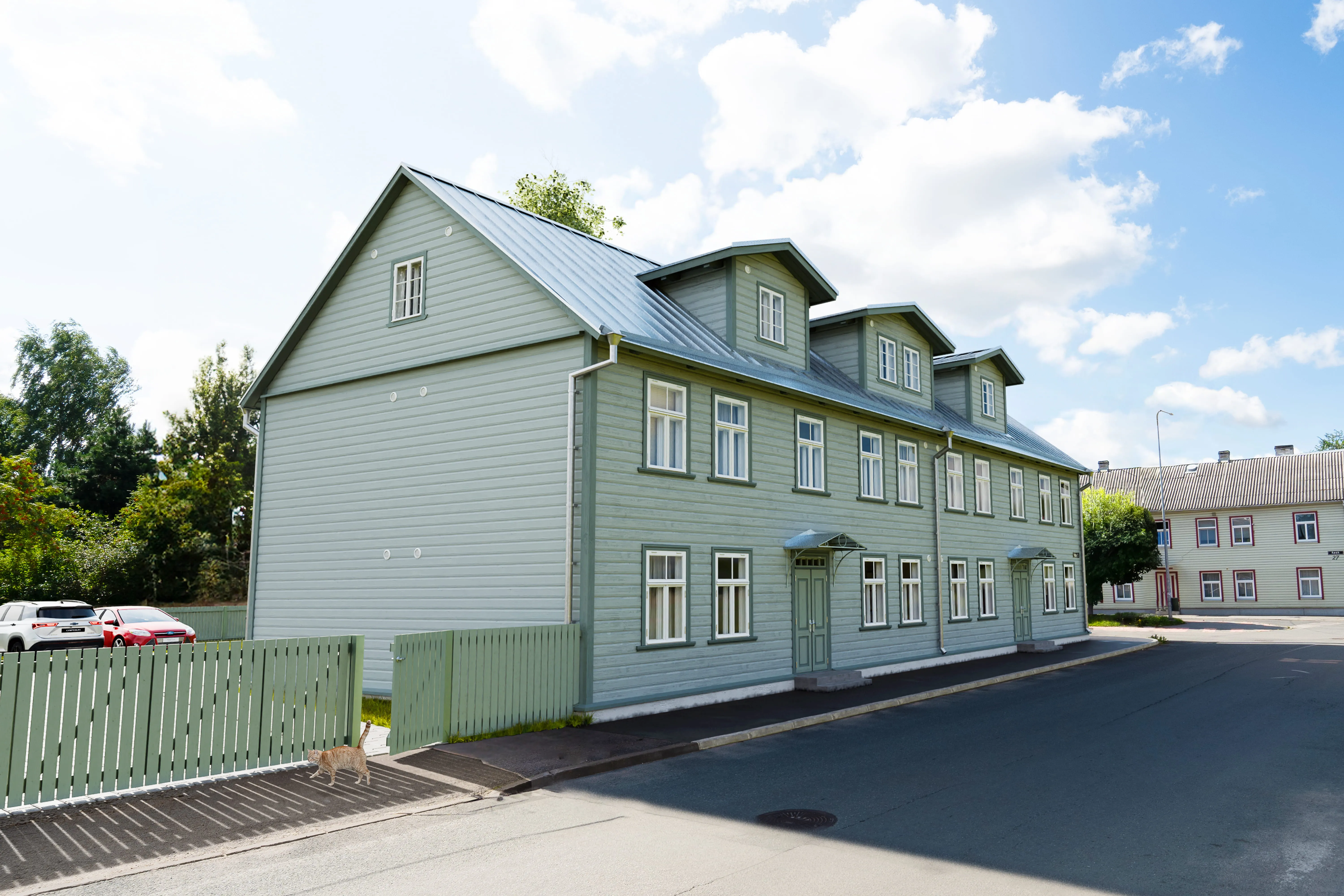 Vaba 13 arendus - välivaade kortermajale vaba tänavalt, 3D visualisatsioon