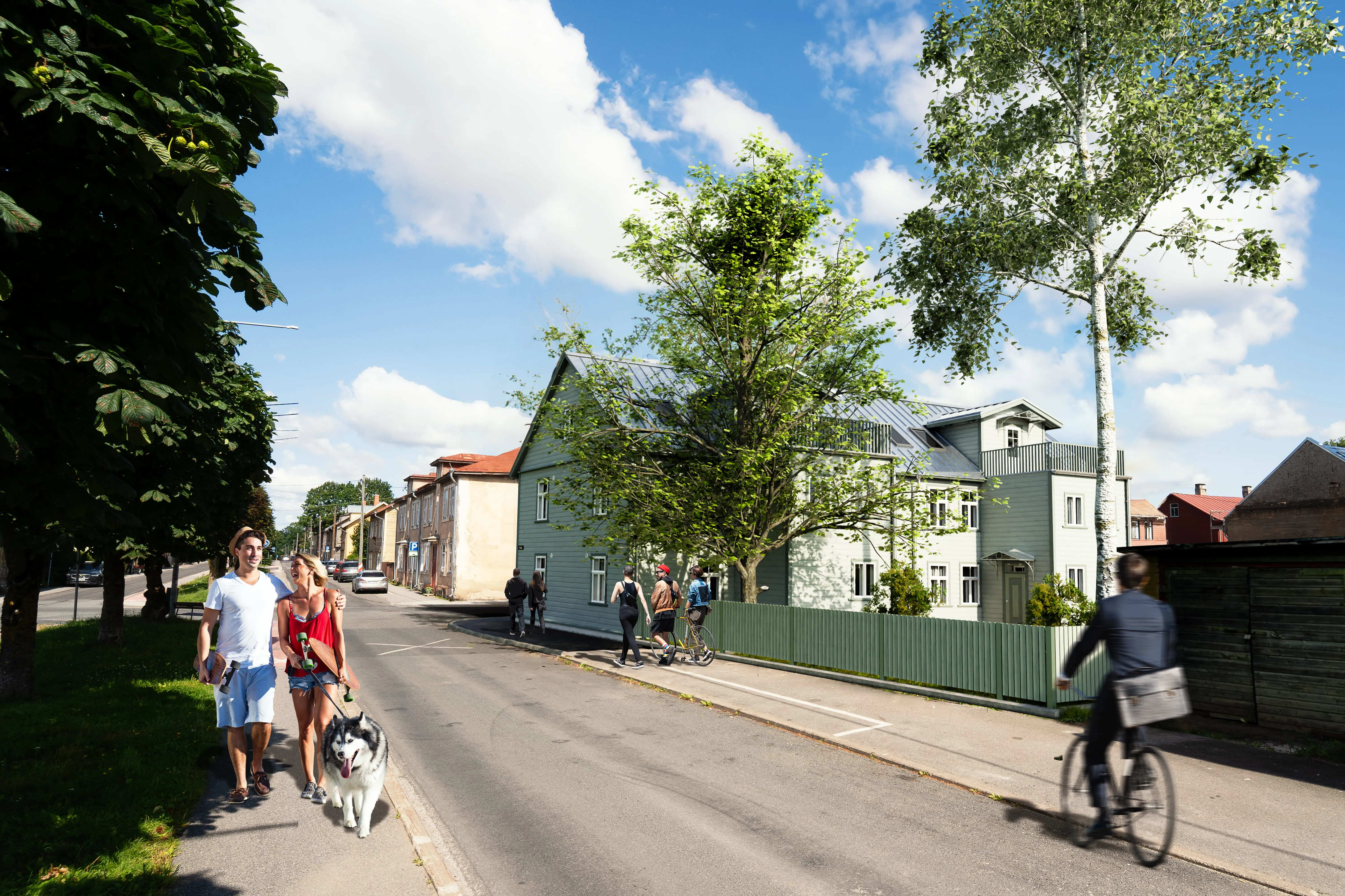 Vaba 13 arendus - välivaade kortermajale kesk tänavalt, 3D visualisatsioon