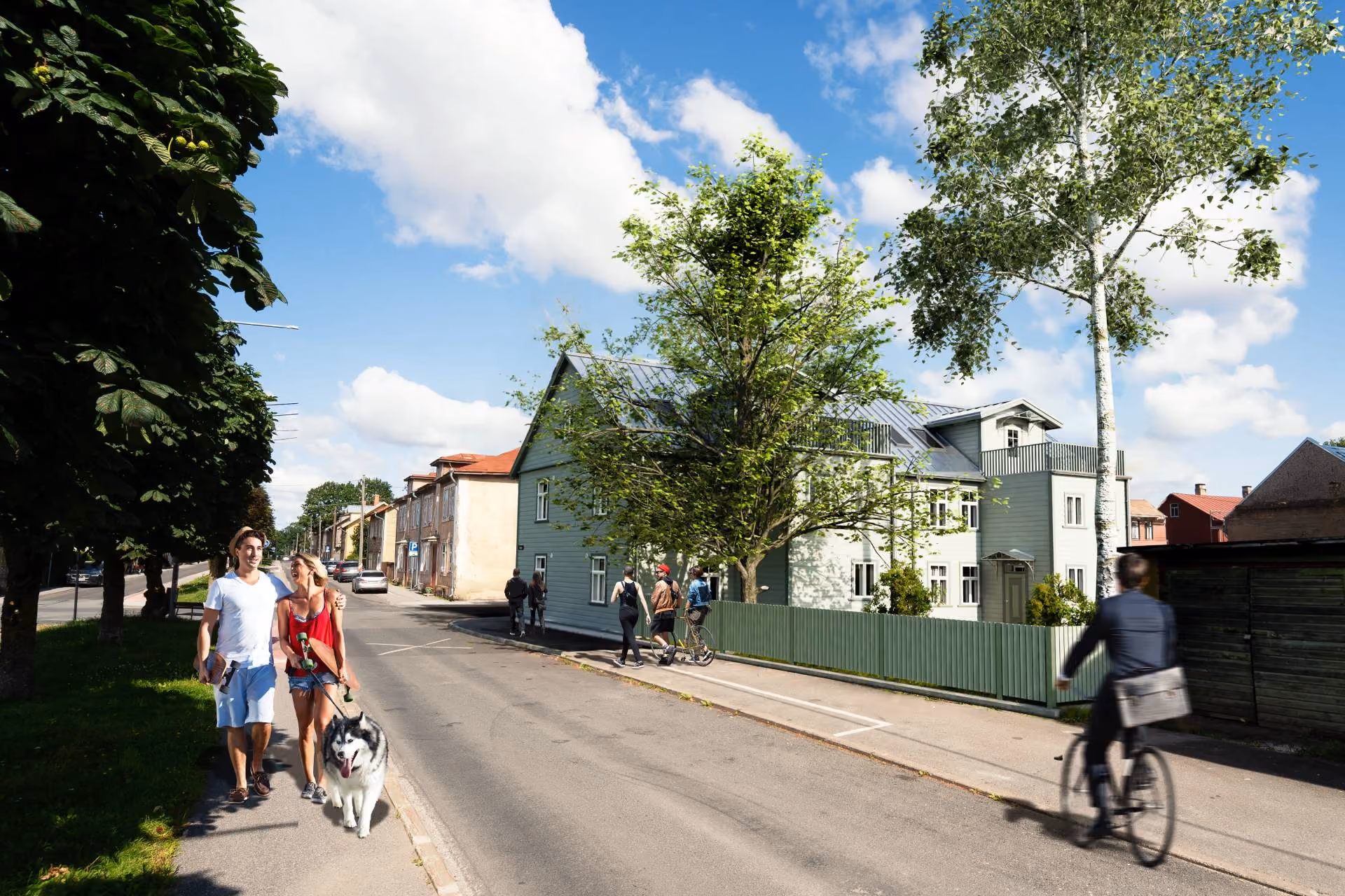 Vaba 13 arendus - välivaade kortermajale kesk tänavalt, 3D visualisatsioon