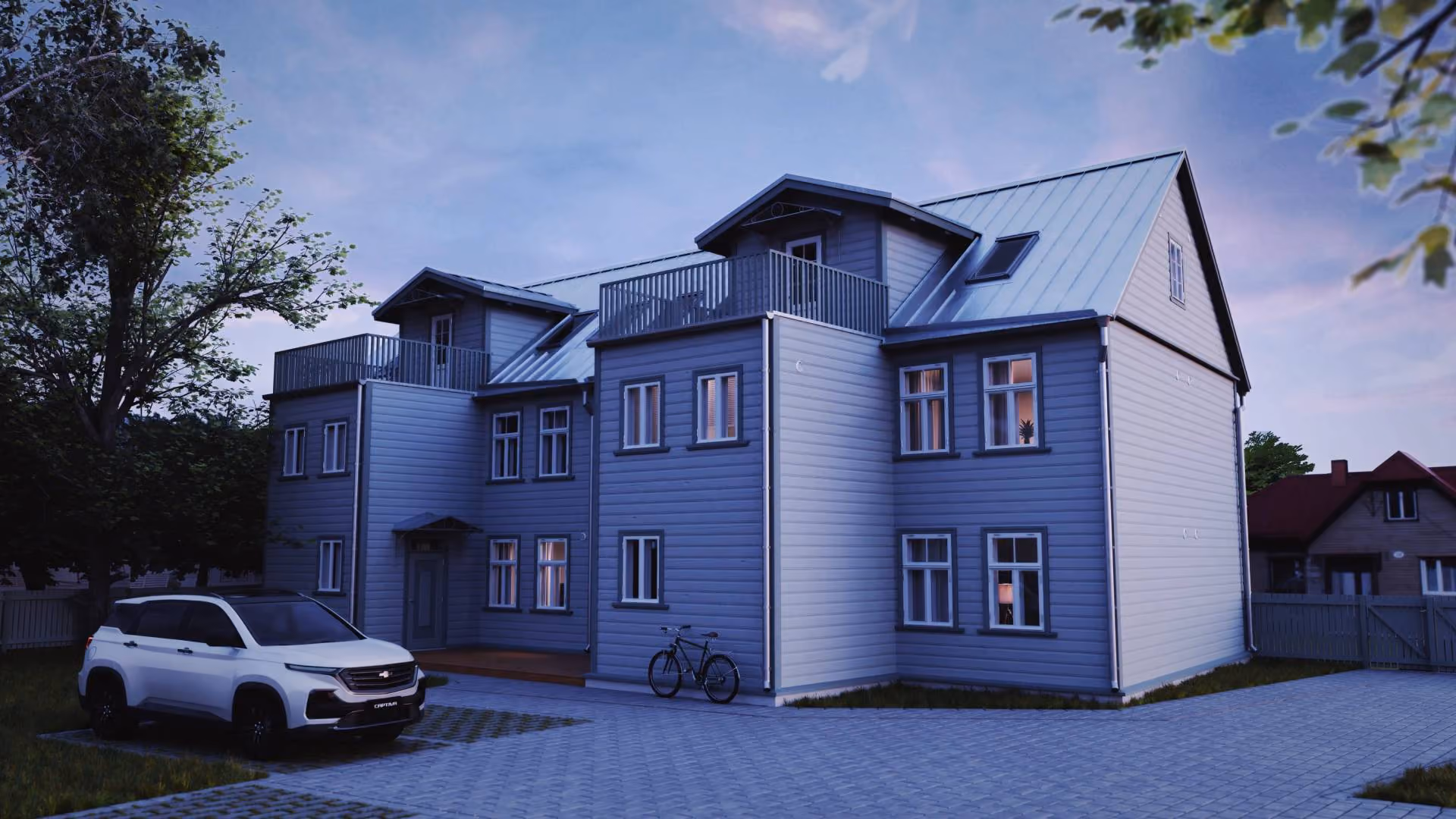 Vaba 13 kortermaja rõdude ja terrassiga - õhtune välivaade parkla suunast, 3D visualisatsioon