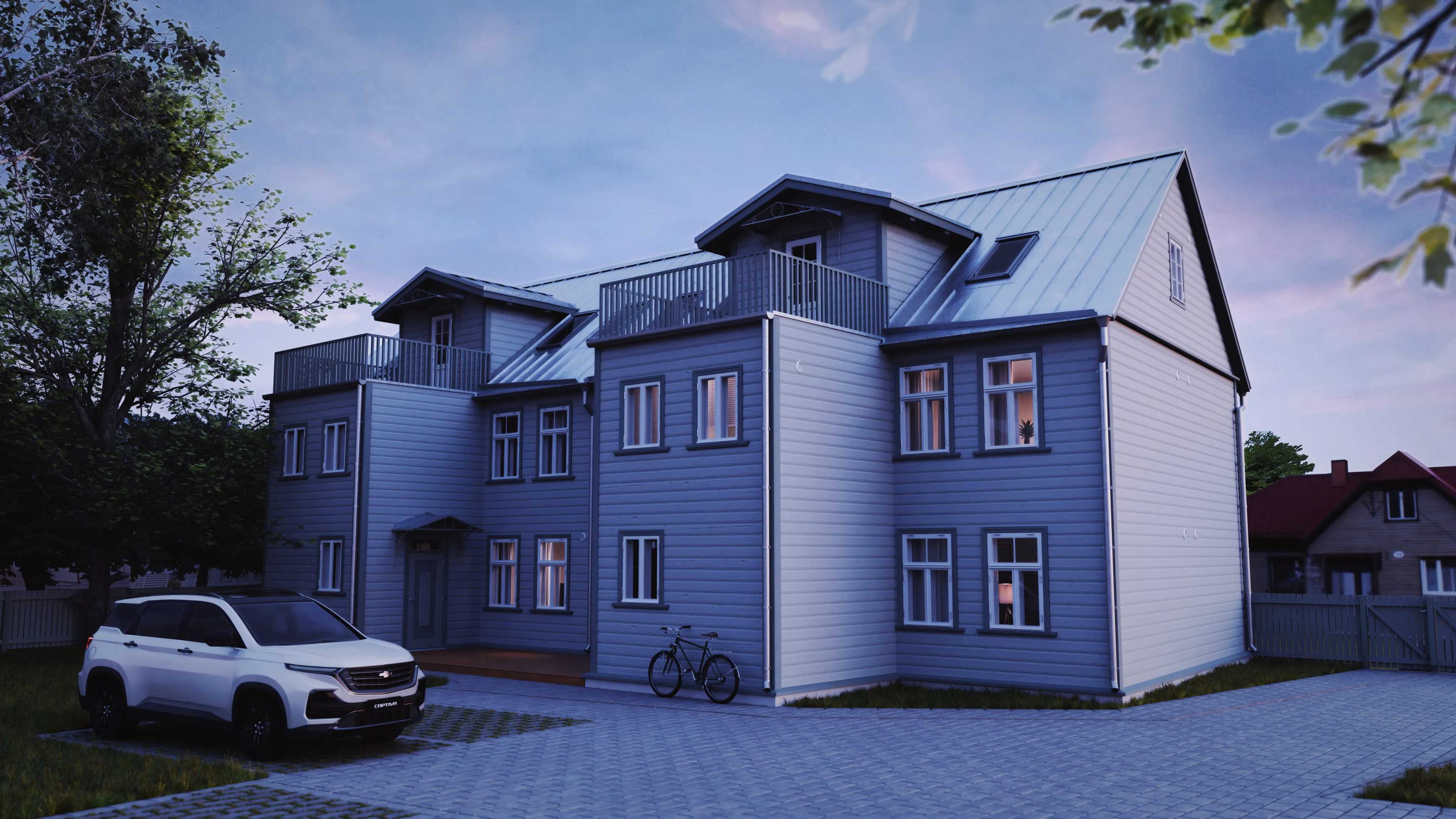 Vaba 13 kortermaja rõdude ja terrassiga - õhtune välivaade parkla suunast, 3D visualisatsioon