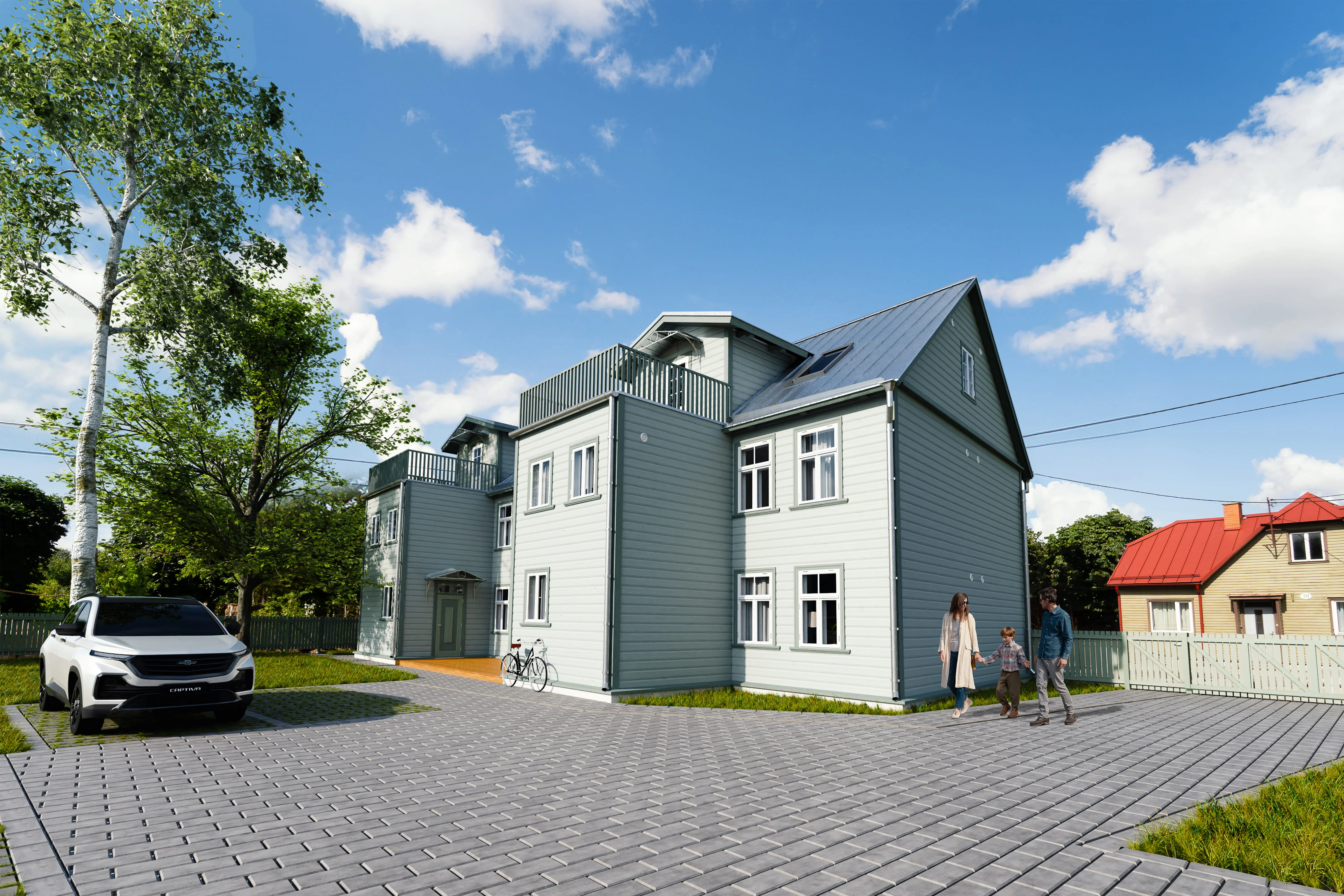 Vaba 13 kortermaja rõdude ja terrassiga - välivaade parkla suunast, 3D visualisatsioon