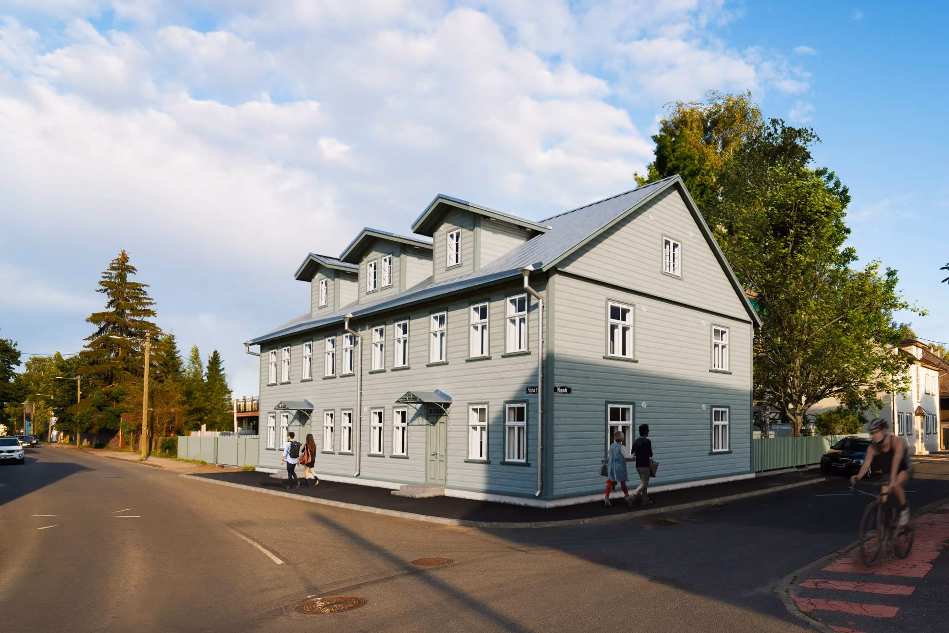 Vaba 13 kortermaja vaade Kesk ja Vaba tänava ristmikult, pilt