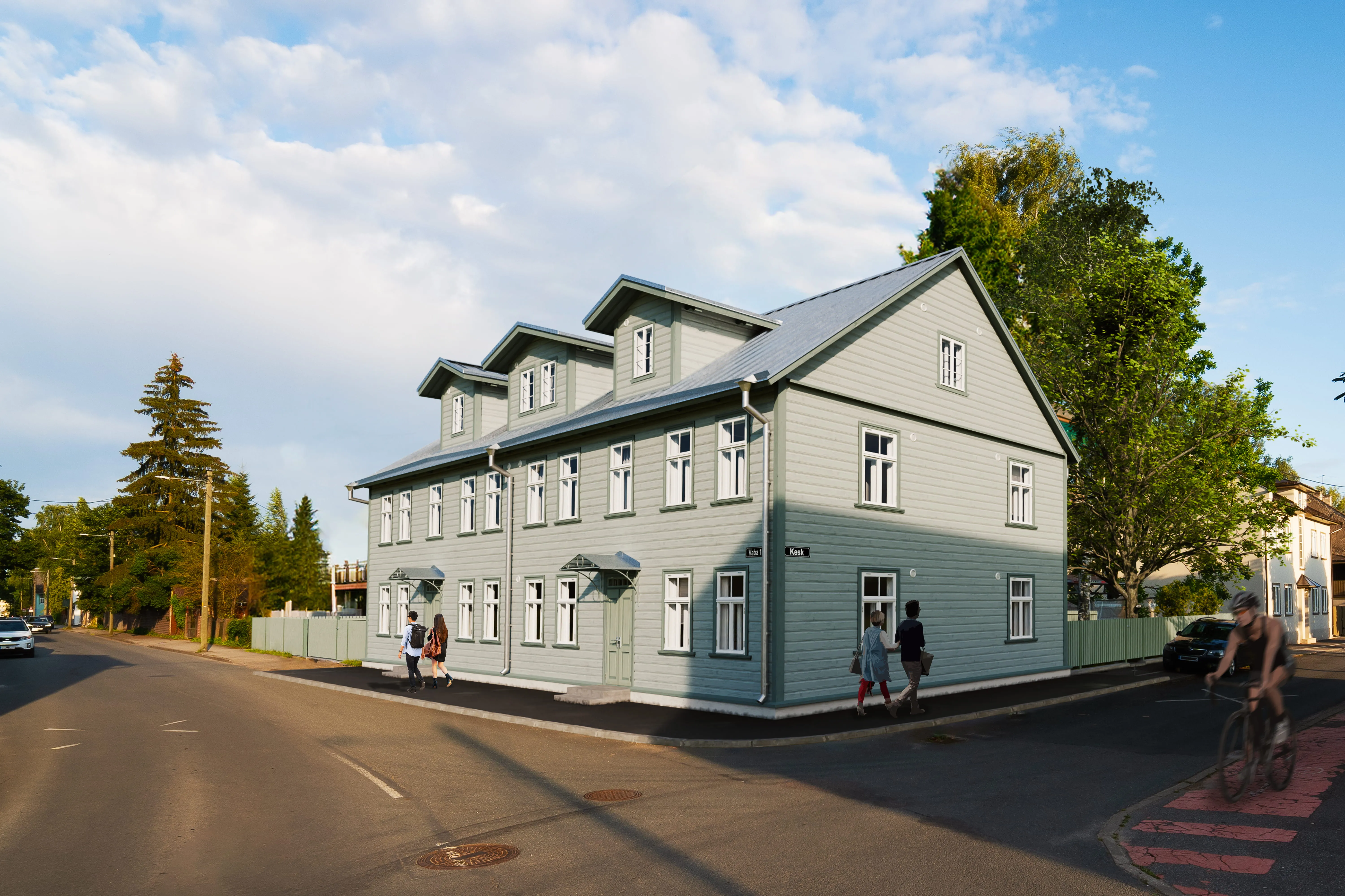 Vaba 13 kortermaja vaade Kesk ja Vaba tänava ristmikult, pilt