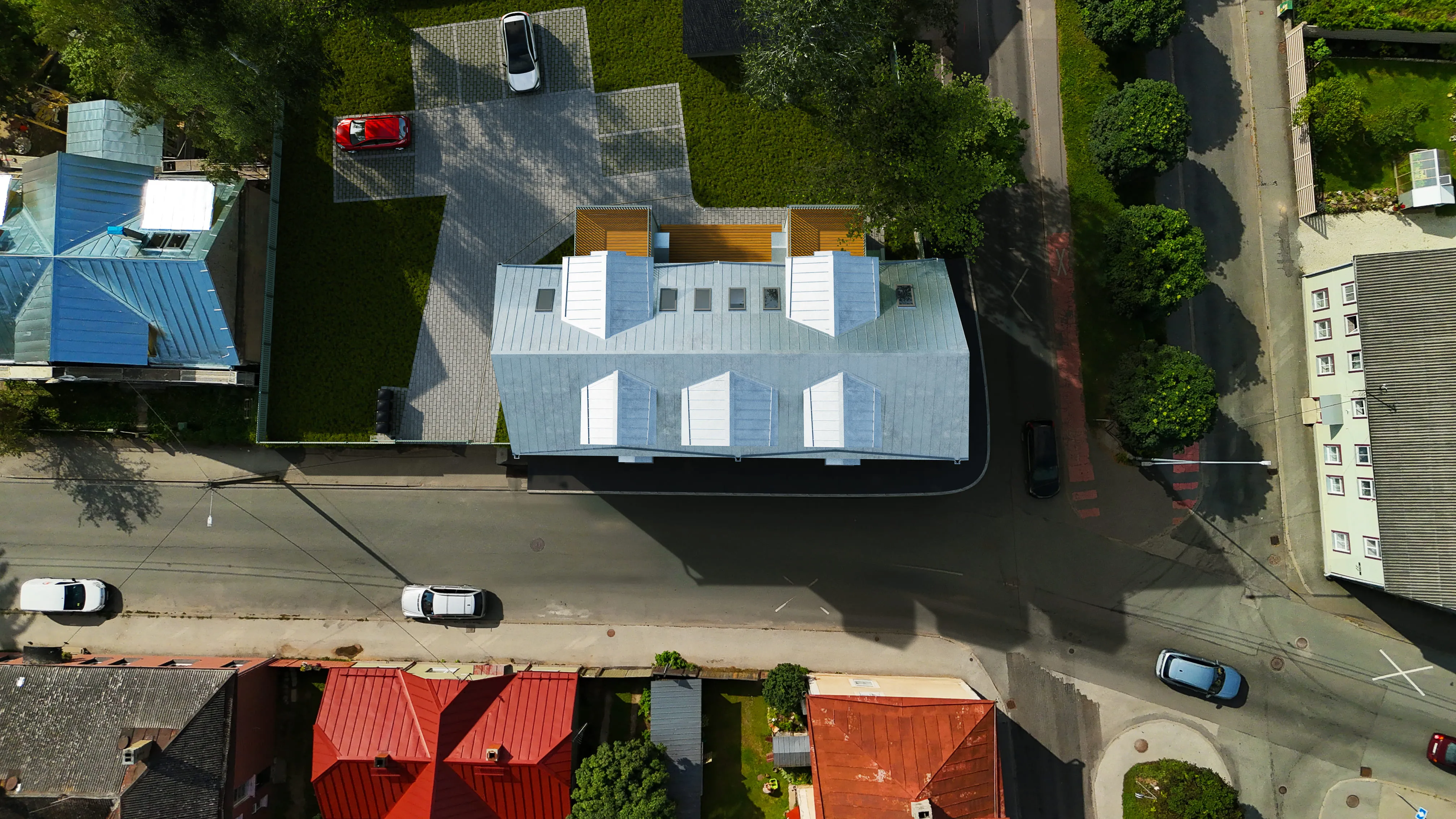 Vaba 13 Karlova arendus - droonivaade ülalt kortermaja katusele, 3D visualisatsioon