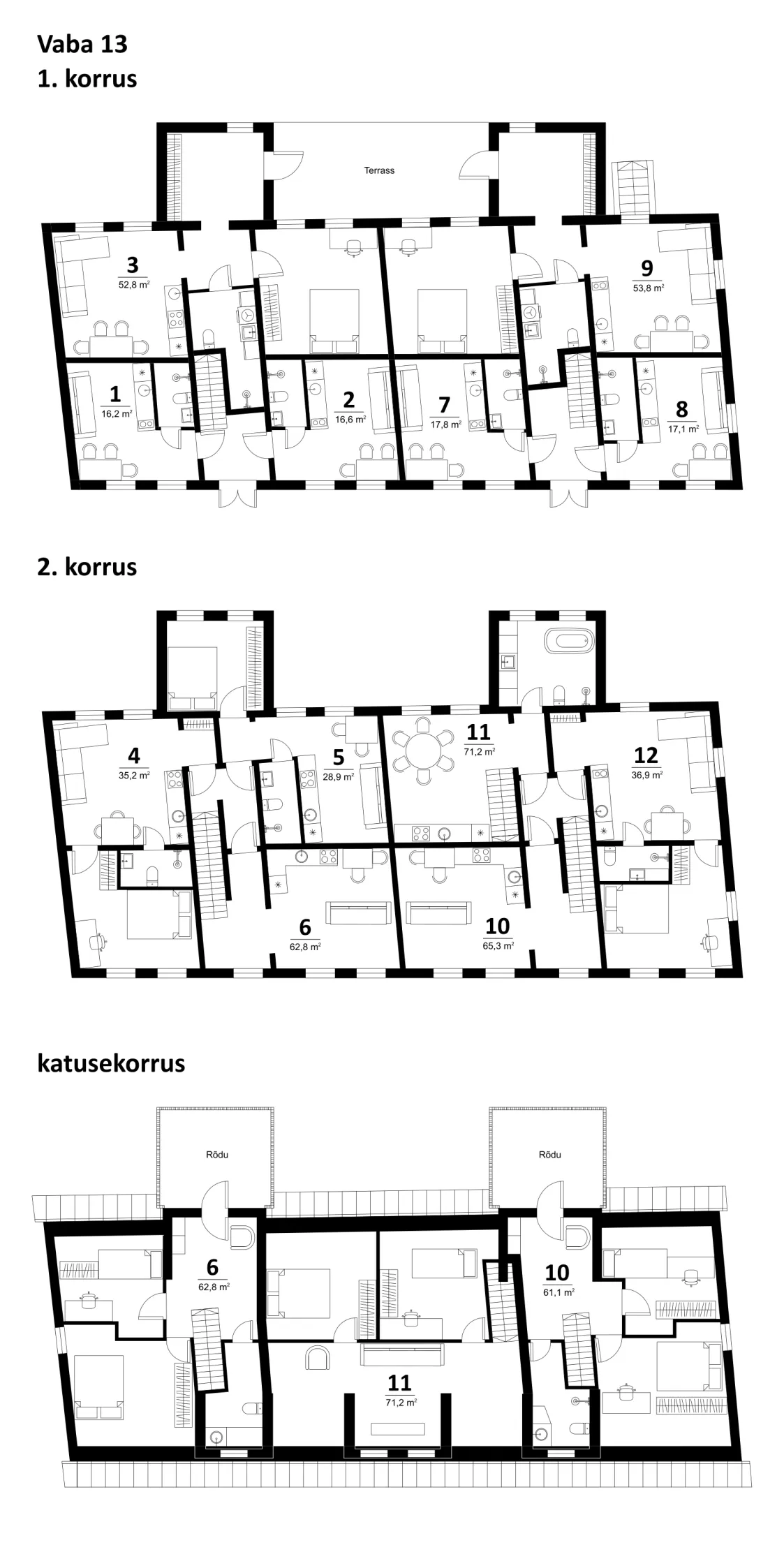 Vaba 13 kortermaja kolme korruse plaanid, joonis
