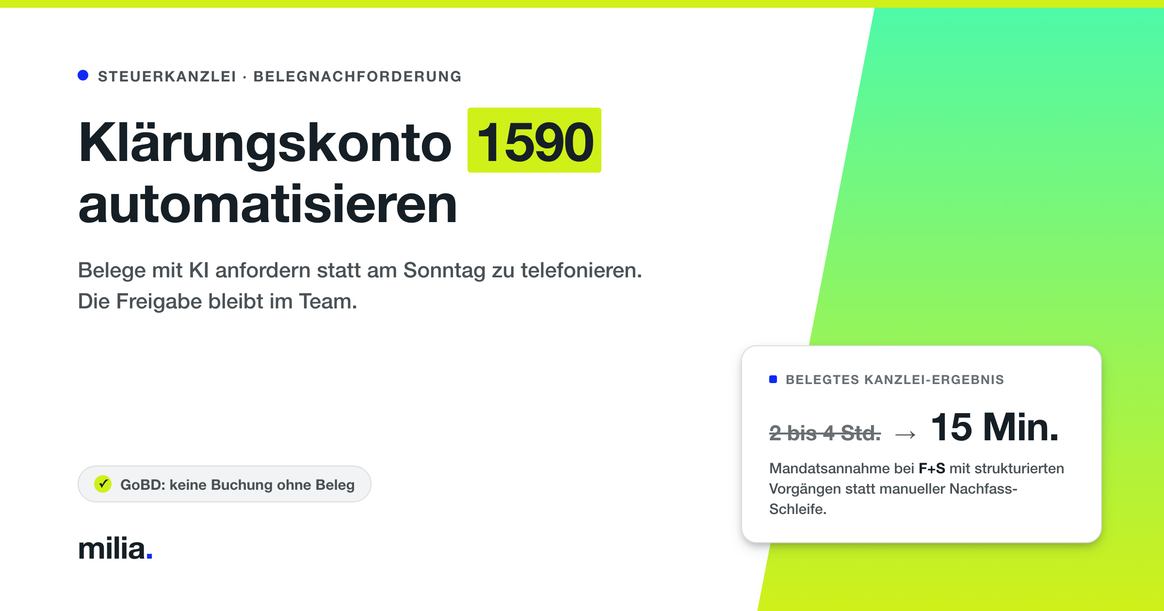 Klaerungskonto 1590 automatisieren: fehlende Belege mit milia.AI anfordern, Freigabe bleibt im Team (Human-in-the-Loop)