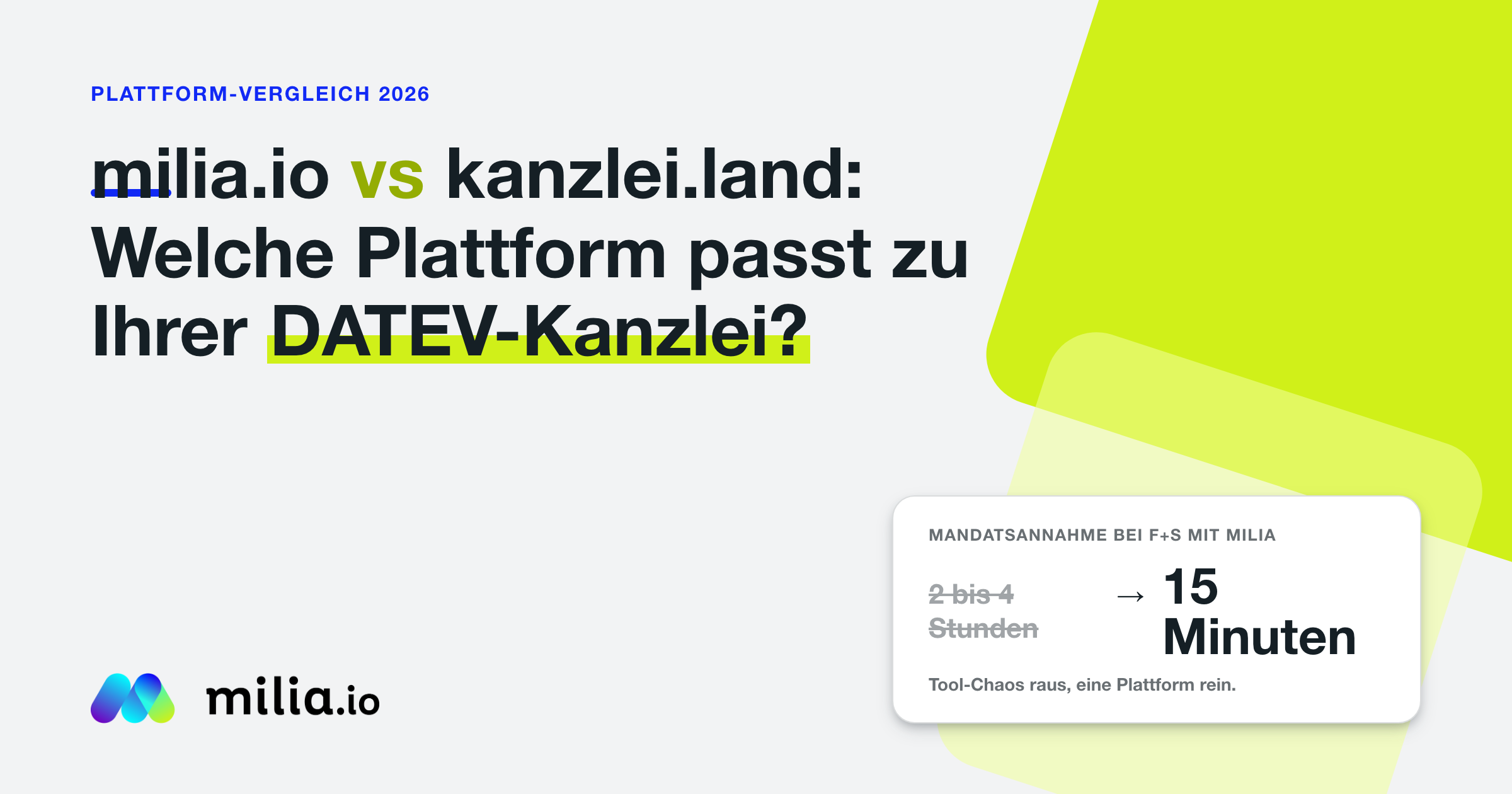 milia.io-Logo mit der Aussage: milia.io vs kanzlei.land, welche Plattform passt zu Ihrer DATEV-Kanzlei?