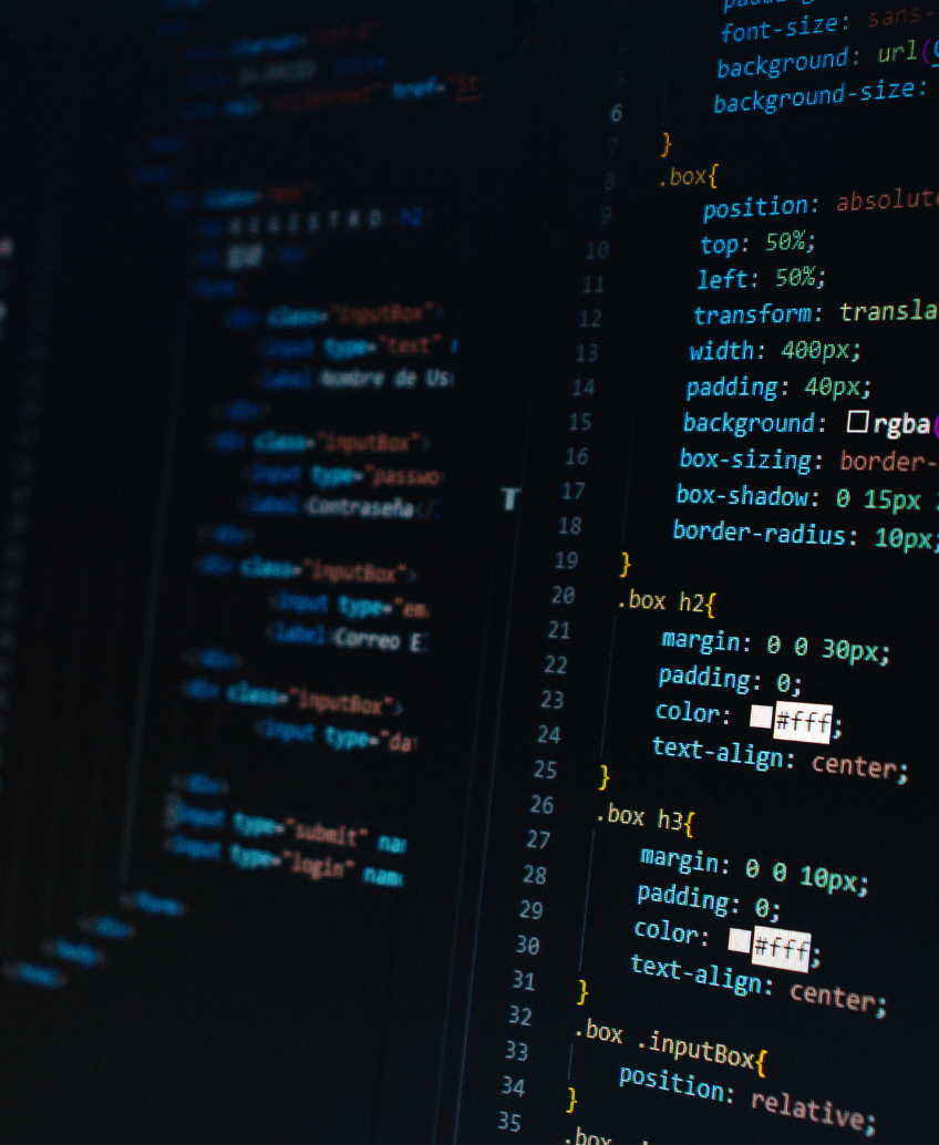 Close-up of computer screen displaying CSS and HTML code with properties for box layout and input fields.
