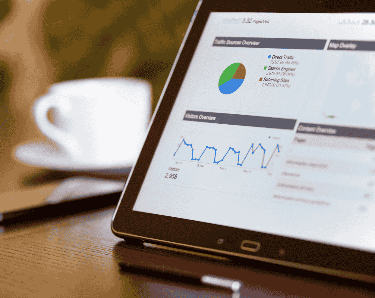 Tablet displaying website traffic analytics including traffic sources pie chart and visitors overview graph on a wooden desk with a stylus and a blurred coffee cup in the background.