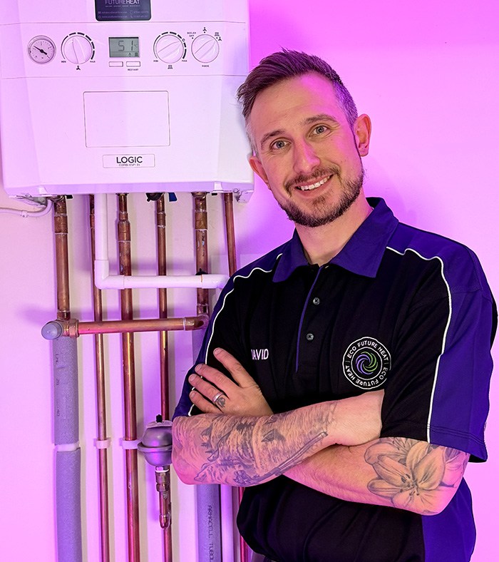 Dave in front of an Ideal Heating boiler