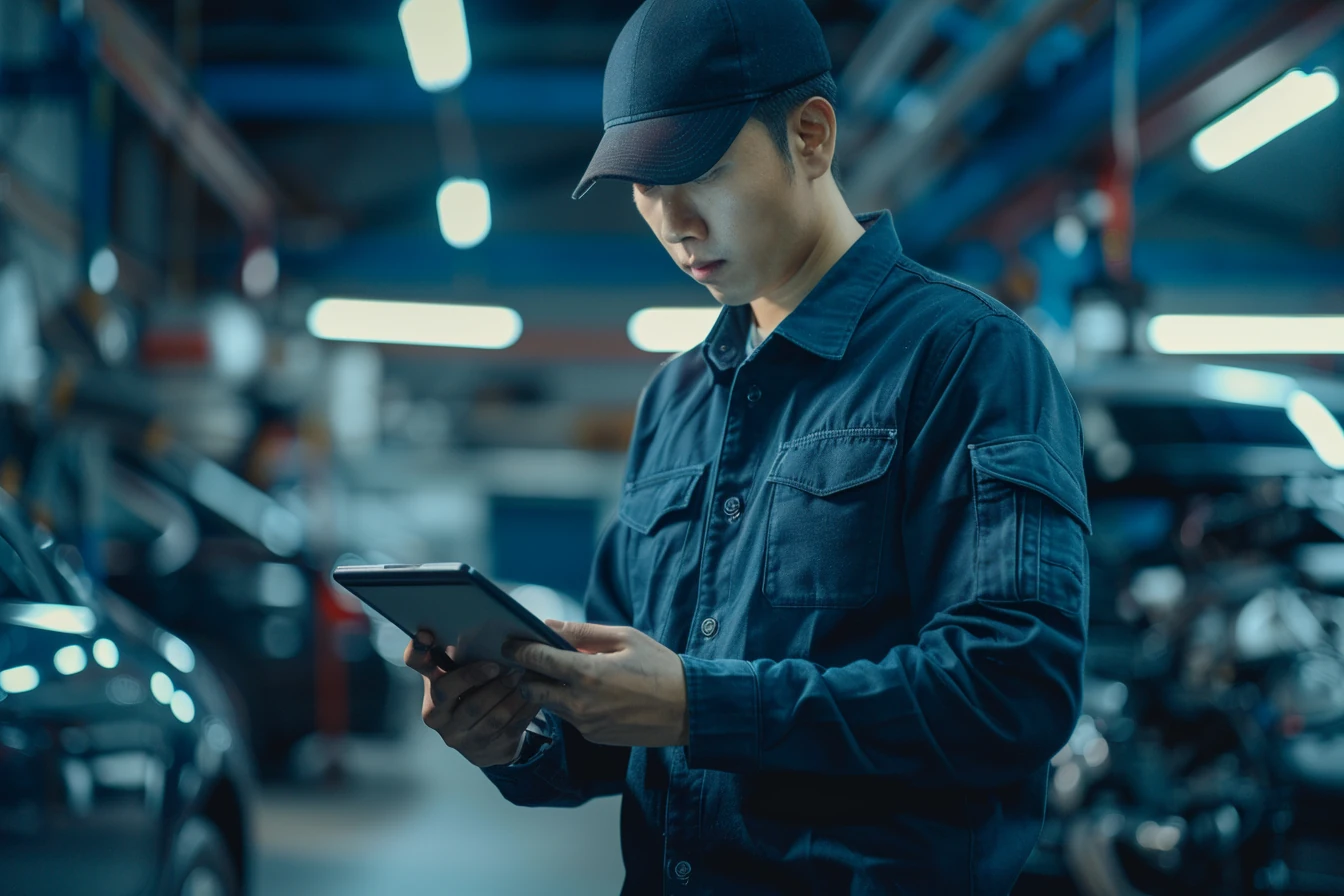 Mechanic wearing a dark cap and uniform using a digital tablet in a garage workshop.