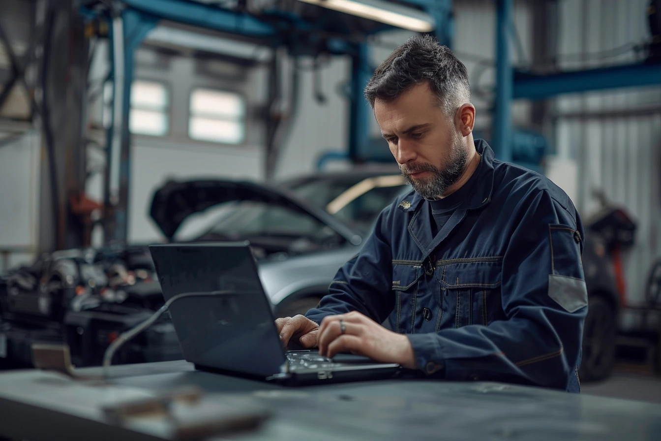 Mechanic in dark overalls focused on using a laptop in an auto repair shop with car hood open in the background.