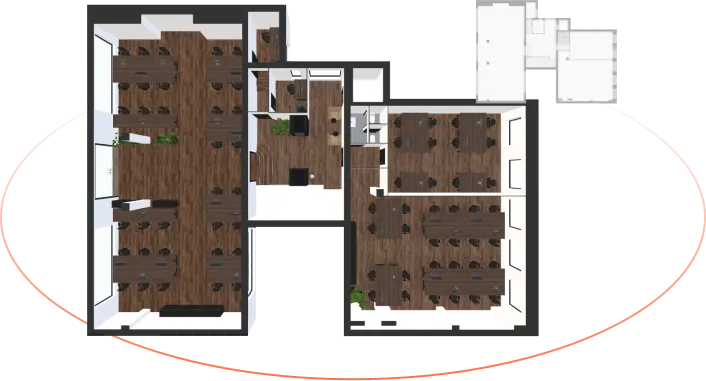 Top-down 3D floor plan of an office space with multiple desks, chairs, and small green plants.
