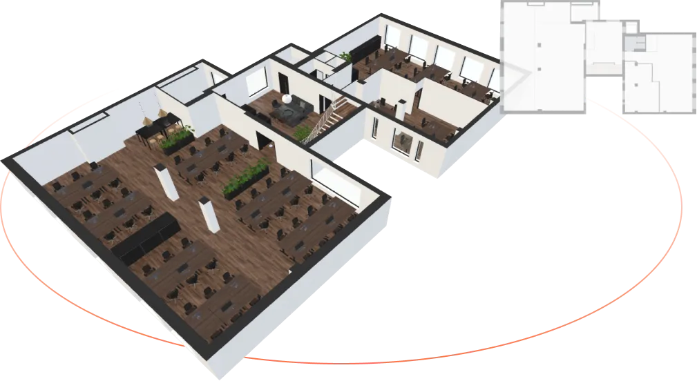 3D floor plan of an office space showing multiple workstations, meeting rooms, and a lounge area with wooden floors and modern furnishings.