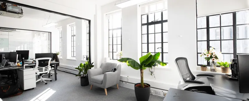 Bright modern office with large windows, desks, computer monitors, gray chairs, and green potted plants.
