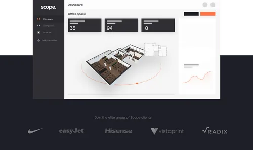 Dashboard interface showing office space analytics with a 3D floor plan and client logos including Nike, easyJet, Hisense, Vistaprint, and Radix.