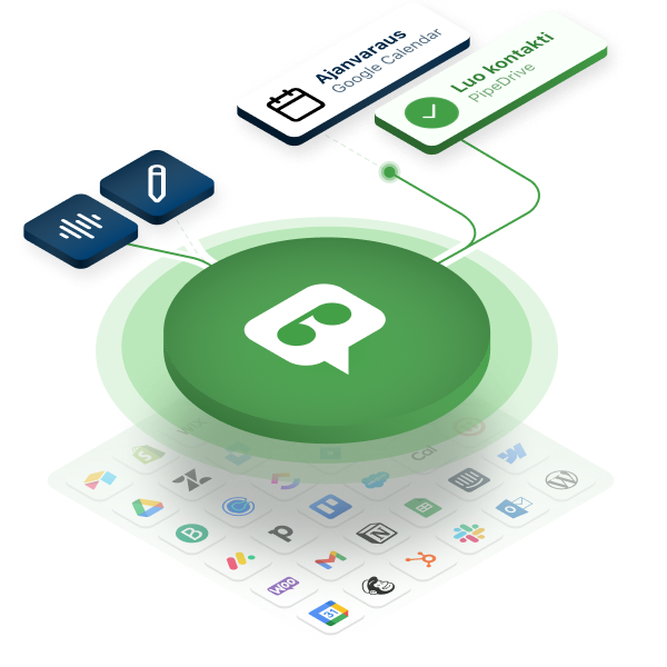 Green Vastaaja AI logo in isometric hero image. From contact to solutions. Without dot.