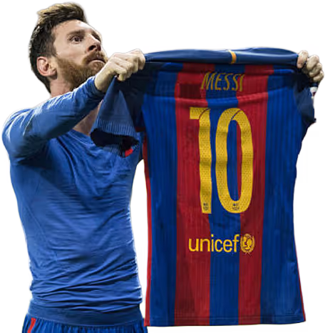 Lionel Messi holding up a blue and red FC Barcelona jersey with the number 10 and 'Messi' on the back.