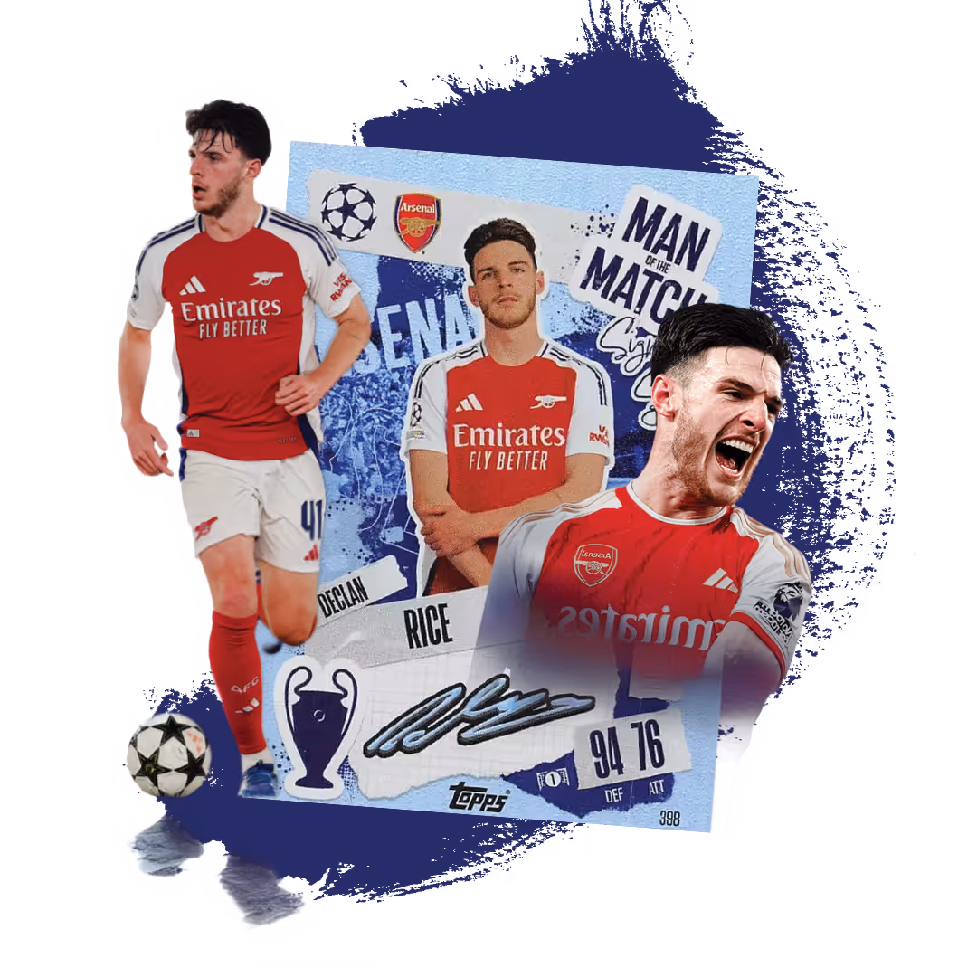 Collage featuring Arsenal footballer Declan Rice in action, a signed card with defensive and attack ratings, and a photo of him celebrating.