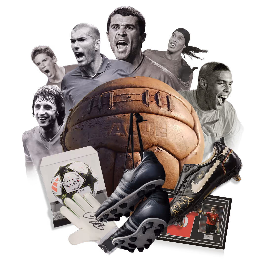 Collage featuring black-and-white images of six passionate soccer players, a vintage leather soccer ball, signed goalkeeper gloves, black soccer cleats, and a framed signed jersey with a photo.