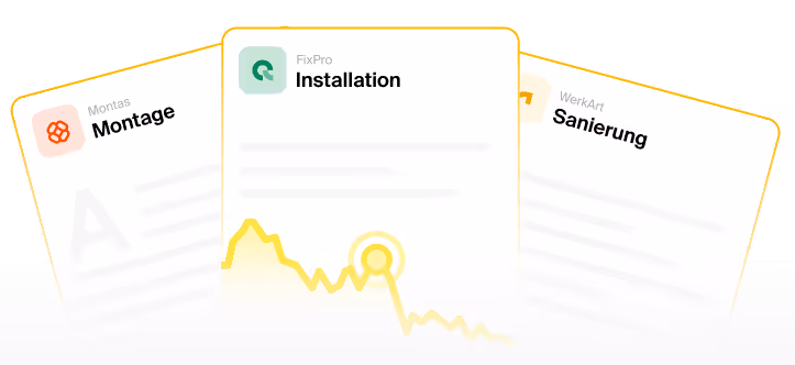 Drei überlappende Karten mit den Titeln Montage, Installation und Sanierung, jede mit leichtem Farbverlauf und Symbolen.