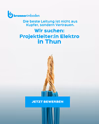 Angebotsanzeige mit einem gespaltenen elektrischen Kupferkabel und der Suche nach einem Projektleiter Elektro in Thun, mit Knopf „Jetzt bewerben“.