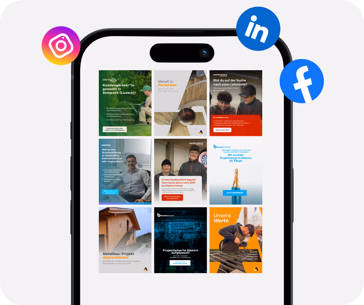 Smartphone-Display zeigt neun Beiträge mit Stellenanzeigen und Projektankündigungen in Deutsch, umgeben von Instagram-, LinkedIn- und Facebook-Icons.