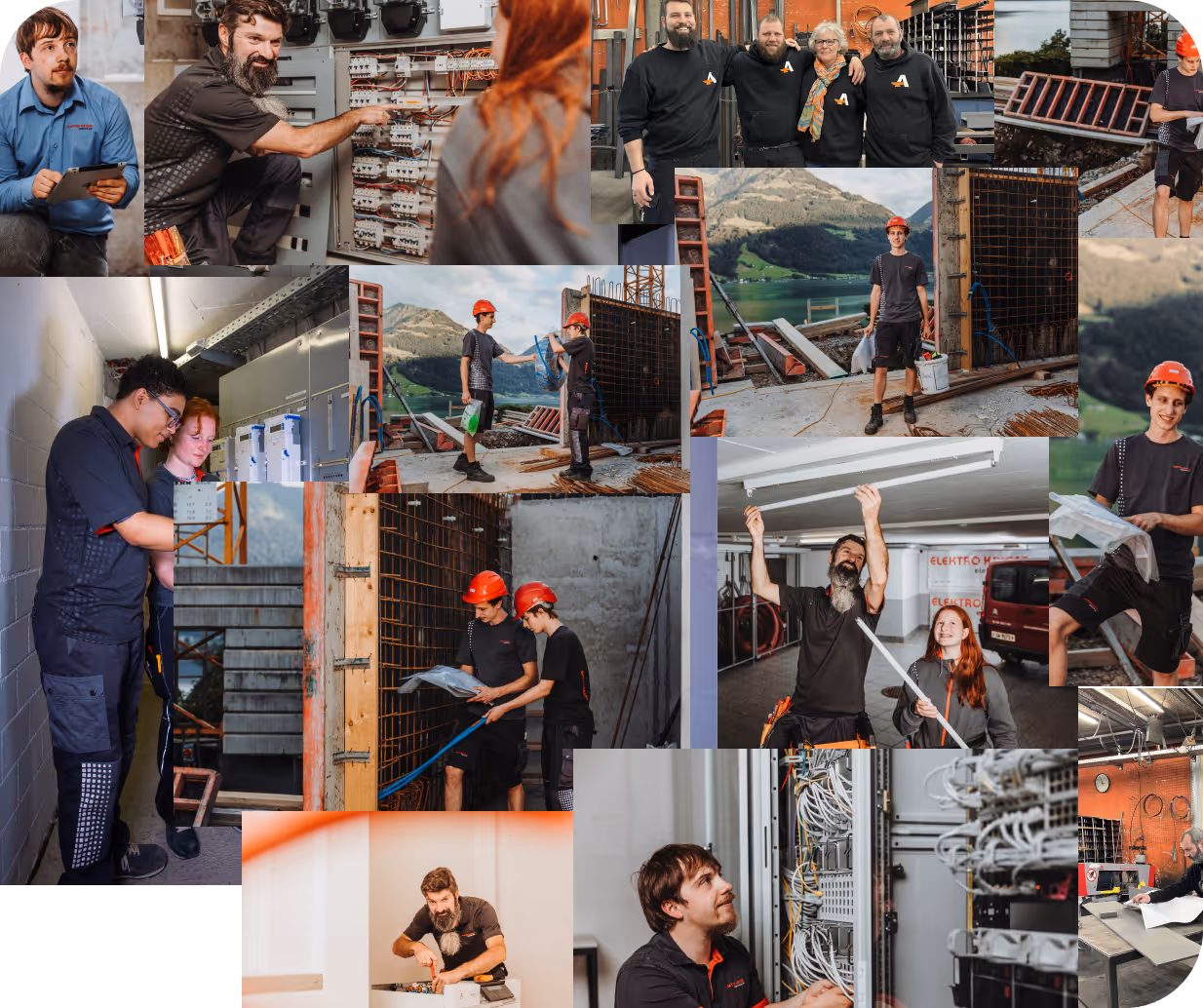 Verschiedene Szenen von Elektrikern bei der Arbeit auf Baustellen und in technischen Räumen, darunter das Installieren von Kabeln, das Anbringen von Leuchten und Teamarbeit.