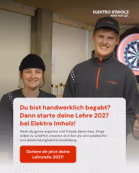 Zwei lächelnde junge Menschen in Arbeitskleidung stehen nebeneinander vor einer Dartscheibe, darunter ein Text mit einer Lehrstellenanzeige bei Elektro Imholz für 2027.
