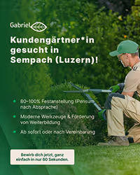 Stellenausschreibung für Kundengärtner*in in Sempach (Luzern) mit Bild eines gartenarbeitenden Mannes in Arbeitskleidung.