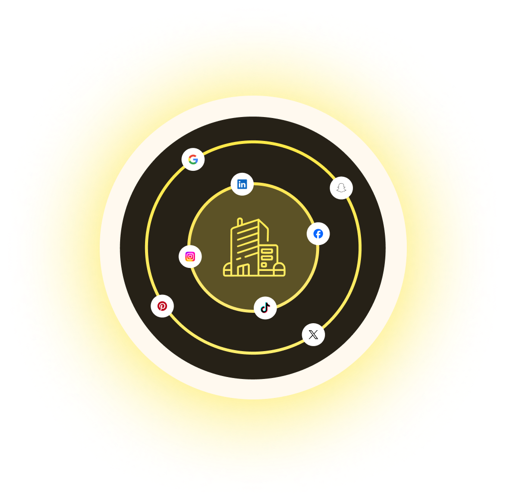 Gelbes Gebäude-Symbol in der Mitte von zwei konzentrischen Kreisen mit Logos von Google, LinkedIn, Snapchat, Facebook, X, TikTok, Pinterest und Instagram.