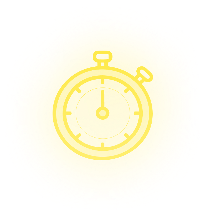 Ein stilisiertes gelbes Zifferblatt mit Zeigern, die auf 12 Uhr zeigen.