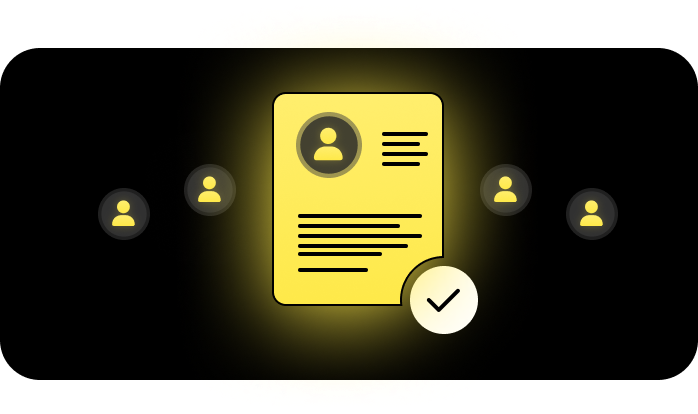 Gelbe Dokument-Ikone mit Benutzerprofil und Häkchen, umgeben von vier weiteren Benutzer-Icons auf dunklem Hintergrund.